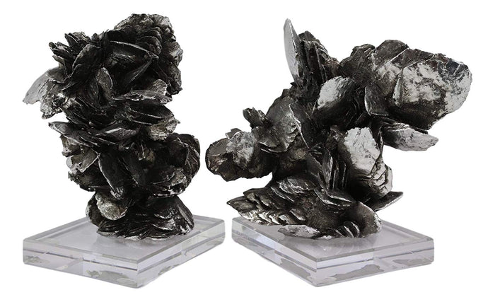 Ebros Gift Ebros Large Electroplated Silver Resin Contemporary Desert Rose On Acrylic Glass Bookends Pair Set Of 2 Museum Gallery Decorative Sculptures 7" High Faux Selenite Clusters Figurines