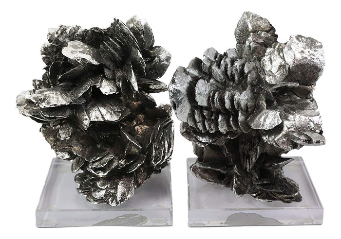 Ebros Gift Ebros Large Electroplated Silver Resin Contemporary Desert Rose On Acrylic Glass Bookends Pair Set Of 2 Museum Gallery Decorative Sculptures 7" High Faux Selenite Clusters Figurines