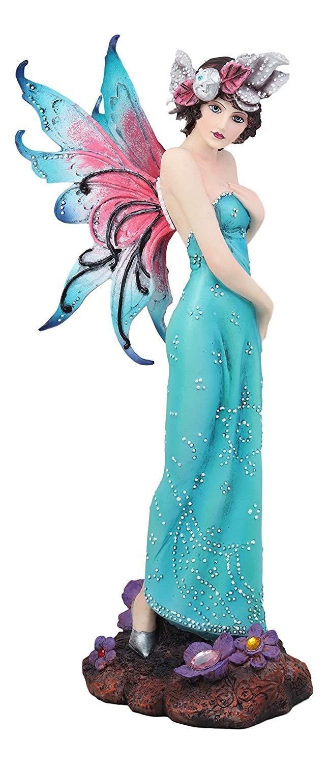 ebros gift Ebros Large Enchanting Teal Victorian Fairy with Fuchsia Wings Statue 15" H Mythical Fantasy FAE Pixie Nymph Mystical Angel Fairies Magical Art Nouveau Decor Sculpture Figurine