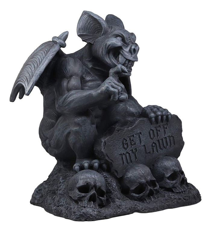 Ebros Gift Ebros Large Gargoyle By Skull Graveyard Statue With Get Off My Lawn Sign 15"H Sculpture