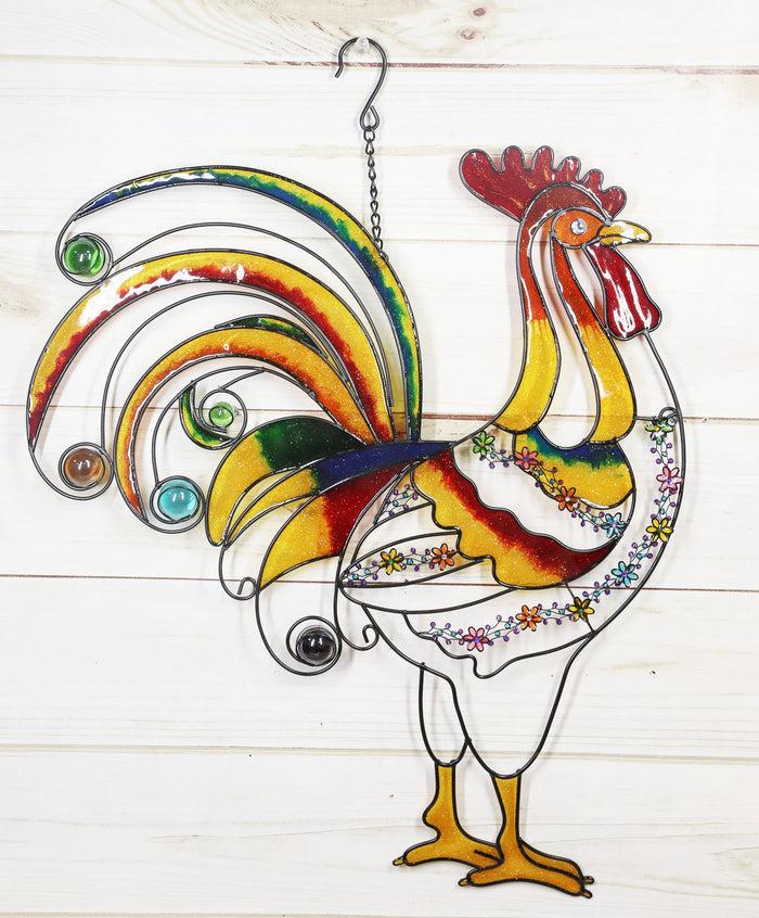 ebros gift Ebros Large Hanging Colorful Gem Rooster Stained Glass Metal Wall Plaque 20" H