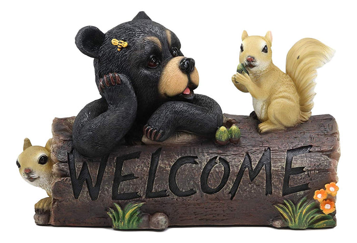 Ebros Gift Ebros Large Honey Bee Black Bear & 2 Squirrel Besties By Tree Log Welcome Sign Statue