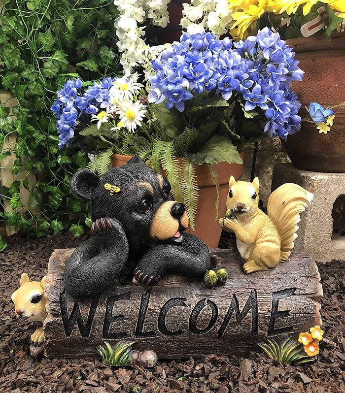 ebros gift Ebros Large Honey Bee Black Bear & 2 Squirrel Besties By Tree Log Welcome Sign Statue