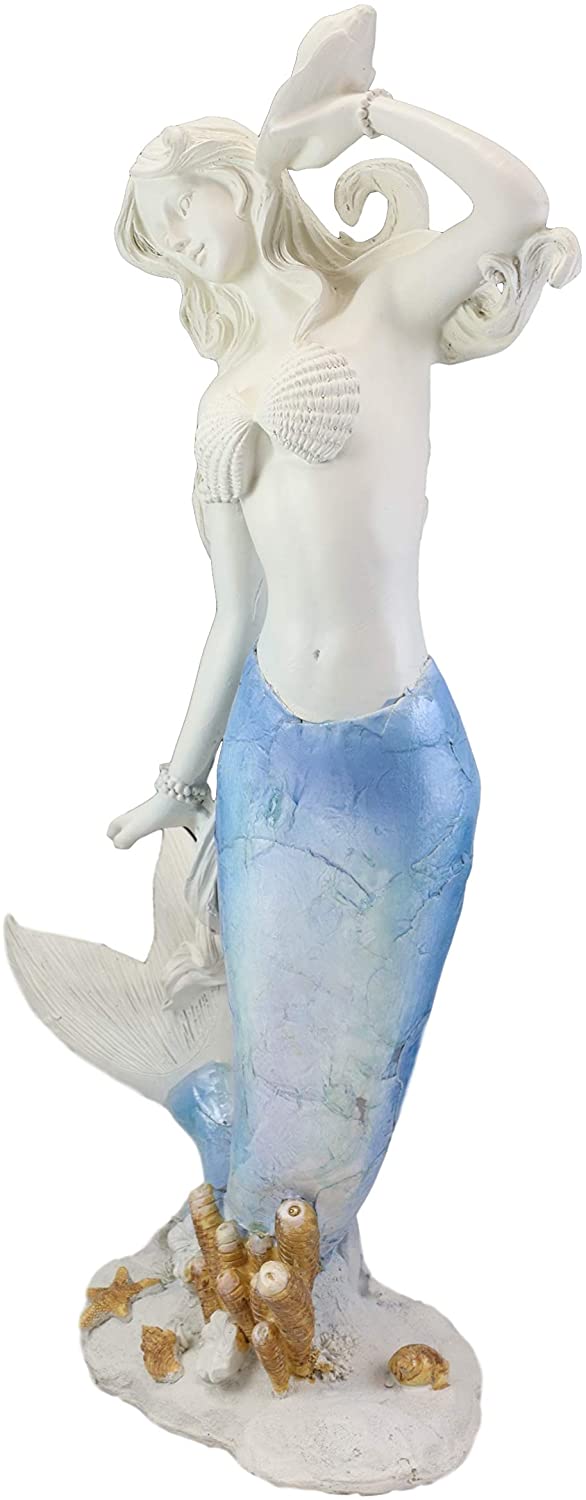 Ebros Gift Ebros Large Mermaid Holding Conch Shell Decorative Figurine (Blue & White Ombre)