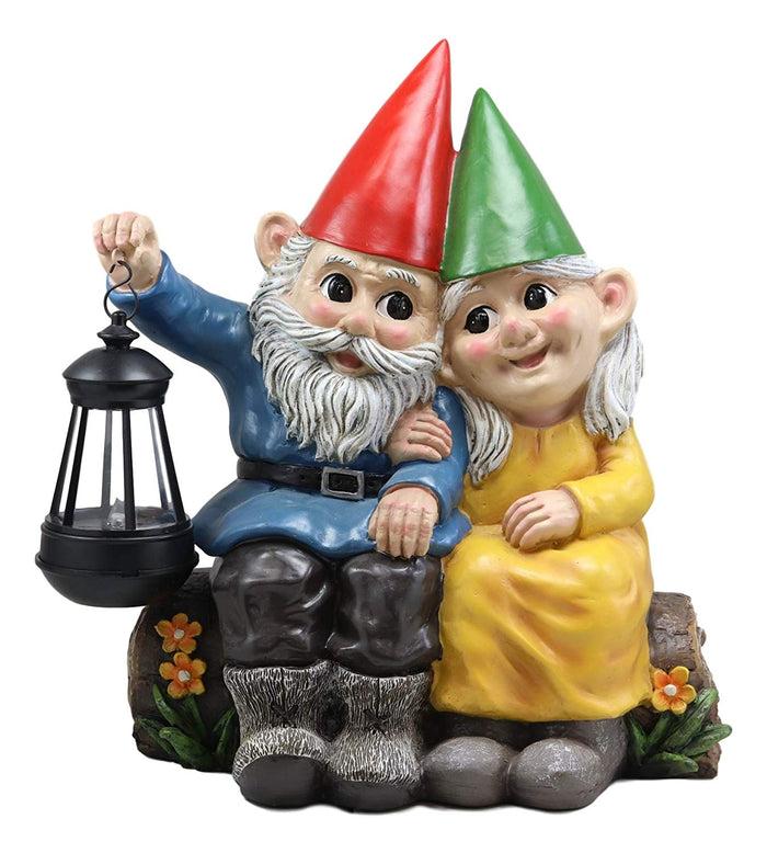 Ebros Gift Ebros Large Mr And Mrs Gnome On Tree Log Solar LED Lantern Light Statue 13.5"H