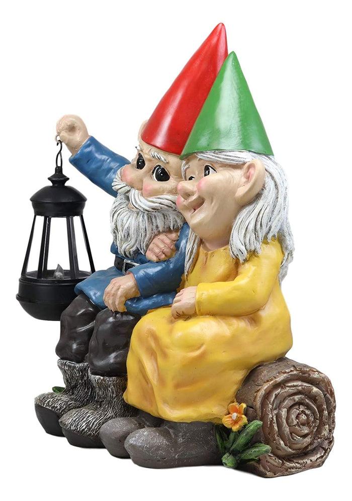 Ebros Gift Ebros Large Mr And Mrs Gnome On Tree Log Solar LED Lantern Light Statue 13.5"H
