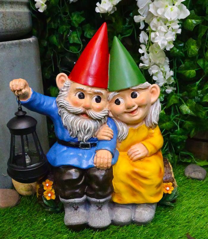 ebros gift Ebros Large Mr and Mrs Gnome On Tree Log Solar LED Lantern Light Statue 13.5"H