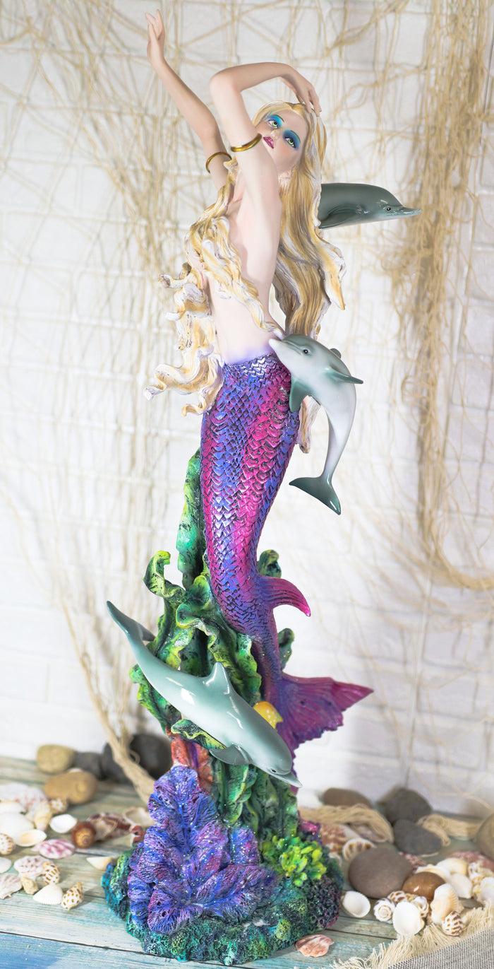 ebros gift Ebros Large Nouveau Nautical Iris Tail Mermaid Swimming W/ Dolphins Statue 27"H