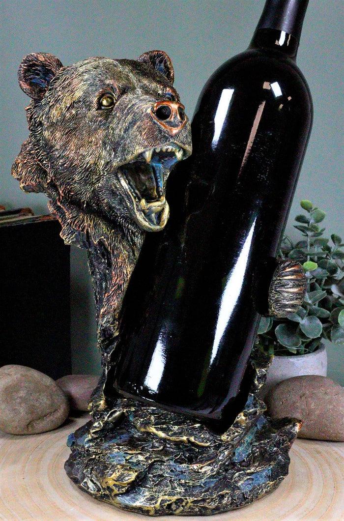 ebros gift Ebros Large Roaring Black Bear Wine Holder Figurine in Faux Bronze Finish 10"H
