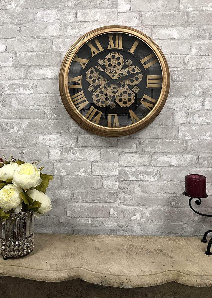 ebros gift Ebros Large Steampunk Mechanical Moving Gears European Classic Round Style Gold And Black Wall Clock 18"D Victorian Industrial Accent Fantasy Metal Clockwork Gearwork Clocks (Standard Roman Numerals)