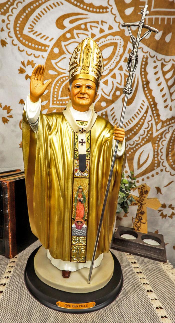 Ebros Gift Ebros Large Venerable Pope John Paul II With Papal Ferula Crucifix In Gold Robe Statue 16.75" Tall Vatican Holy Pontiff Saint As Catholic Devout Resin Decor Figurine Brass Name Plate Base