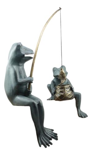 Ebros Gift Ebros Large Verdi Green Aluminum Mama Frog And Baby Frog Fishing Garden Statue Bonding Time Whimsical Frog Themed Pond Patio Poolside Decorative Edge Sitter Sculpture Figurine