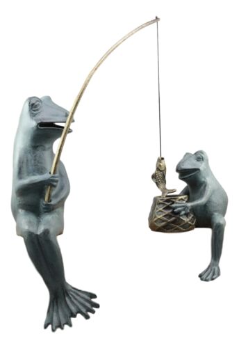 Ebros Gift Ebros Large Verdi Green Aluminum Mama Frog And Baby Frog Fishing Garden Statue Bonding Time Whimsical Frog Themed Pond Patio Poolside Decorative Edge Sitter Sculpture Figurine