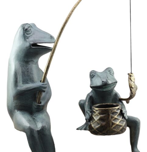 Ebros Gift Ebros Large Verdi Green Aluminum Mama Frog And Baby Frog Fishing Garden Statue Bonding Time Whimsical Frog Themed Pond Patio Poolside Decorative Edge Sitter Sculpture Figurine
