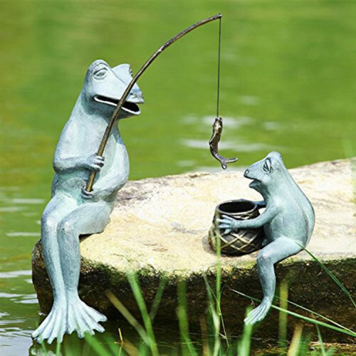 ebros gift Ebros Large Verdi Green Aluminum Mama Frog and Baby Frog Fishing Garden Statue Bonding Time Whimsical Frog Themed Pond Patio Poolside Decorative Edge Sitter Sculpture Figurine