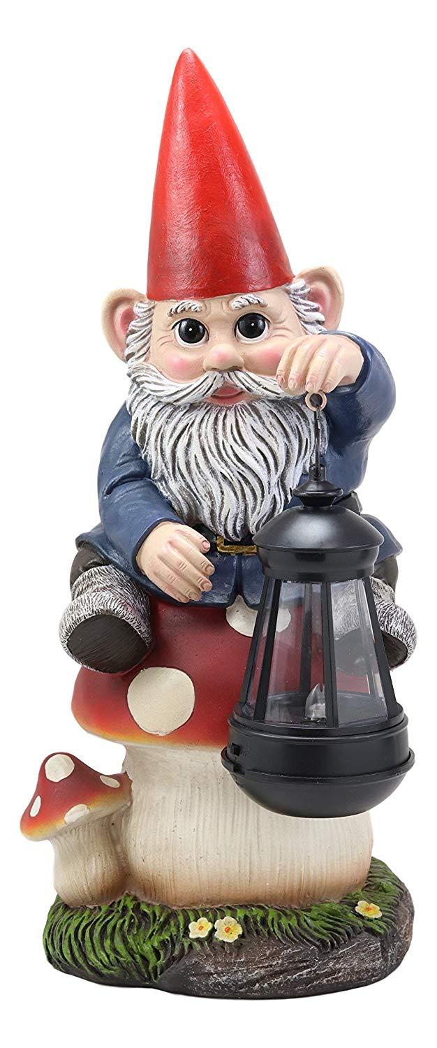 Ebros Gift Ebros Large Whimsical Big Eyed Mr Gnome Sitting On Giant Toadstool Mushroom Holding Out Solar LED Lantern Light Statue 15" Tall For Patio Garden Lawn Home Decor Gnomes Figurine