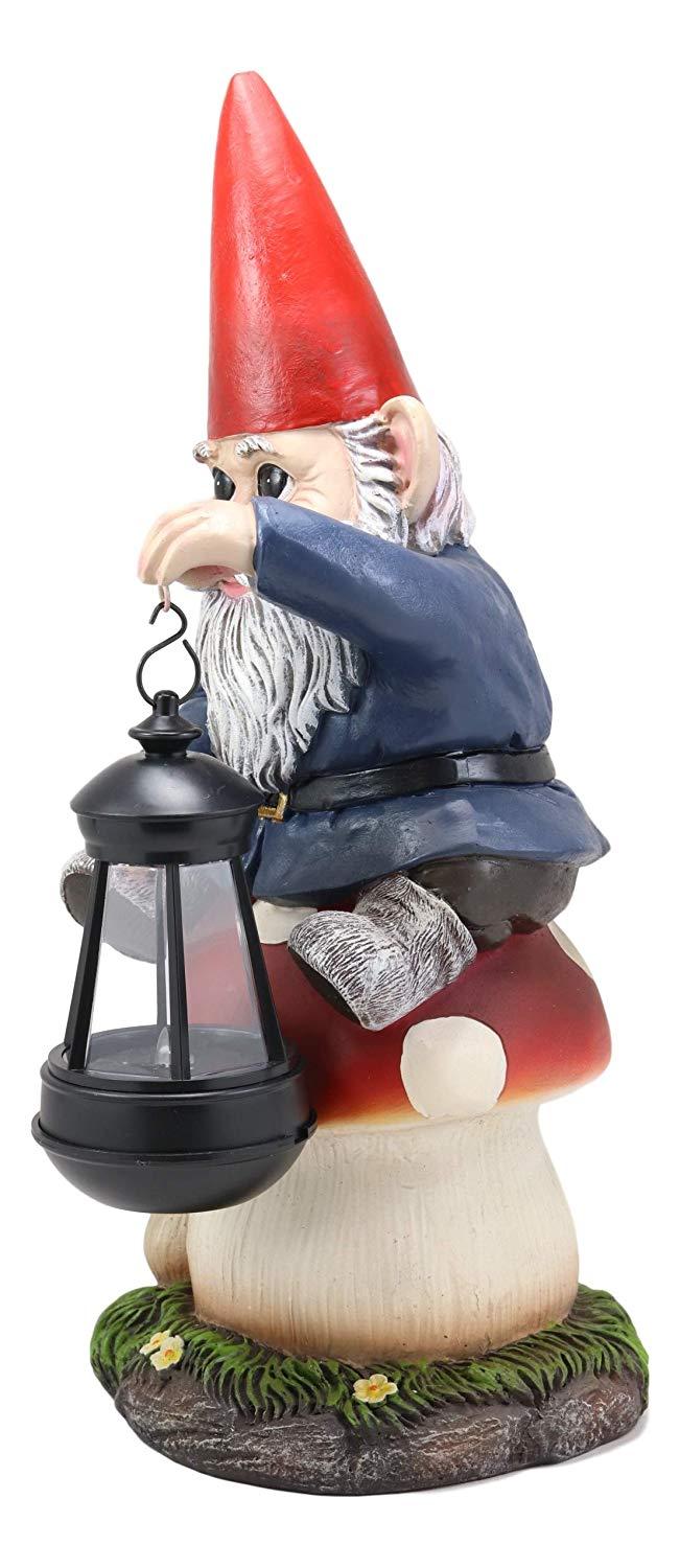 Ebros Gift Ebros Large Whimsical Big Eyed Mr Gnome Sitting On Giant Toadstool Mushroom Holding Out Solar LED Lantern Light Statue 15" Tall For Patio Garden Lawn Home Decor Gnomes Figurine