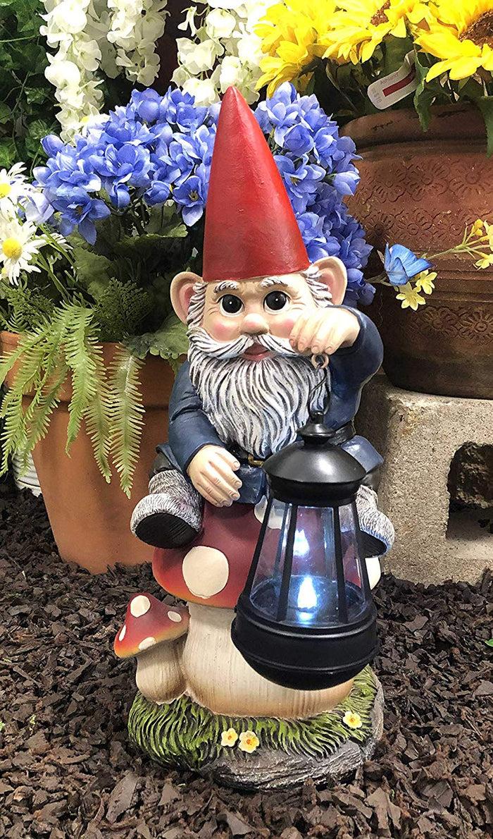 ebros gift Ebros Large Whimsical Big Eyed Mr Gnome Sitting On Giant Toadstool Mushroom Holding Out Solar LED Lantern Light Statue 15" Tall for Patio Garden Lawn Home Decor Gnomes Figurine