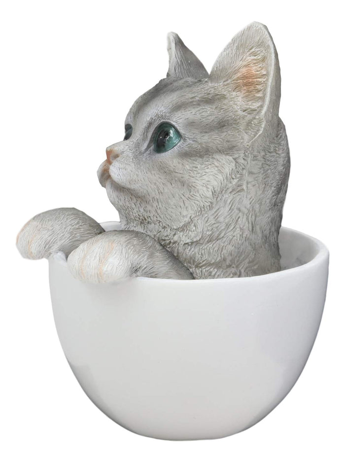 Ebros Gift Ebros Lifelike Grey Tabby Cat In White Teacup Pet Pal Statue 6" Tall Kitten Kitty Gray Cats With Glass Eyes Decor Figurine
