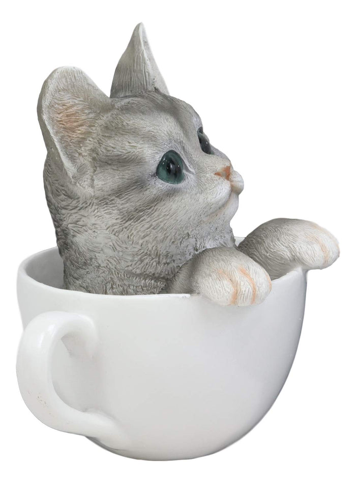Ebros Gift Ebros Lifelike Grey Tabby Cat In White Teacup Pet Pal Statue 6" Tall Kitten Kitty Gray Cats With Glass Eyes Decor Figurine