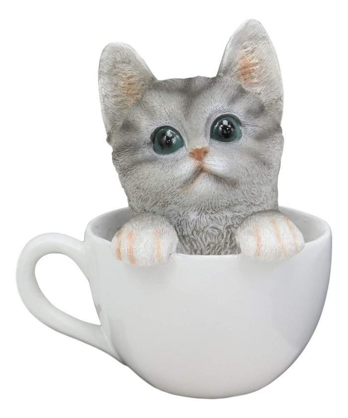 ebros gift Ebros Lifelike Grey Tabby Cat in White Teacup Pet Pal Statue 6" Tall Kitten Kitty Gray Cats with Glass Eyes Decor Figurine
