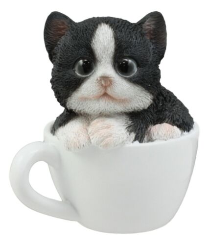 ebros gift Ebros Lifelike Tuxedo Black and White Cat Teacup Pet Pal Statue 3" Tall Kitten Kitty with Glass Eyes Decor Figurine