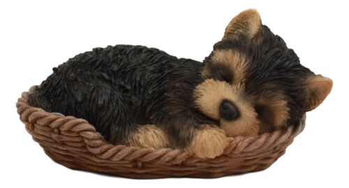 Ebros Gift Ebros Lifelike Yorkshire Terrier Puppy Dog Sleeping In Wicker Basket Statue Yorkie Pet