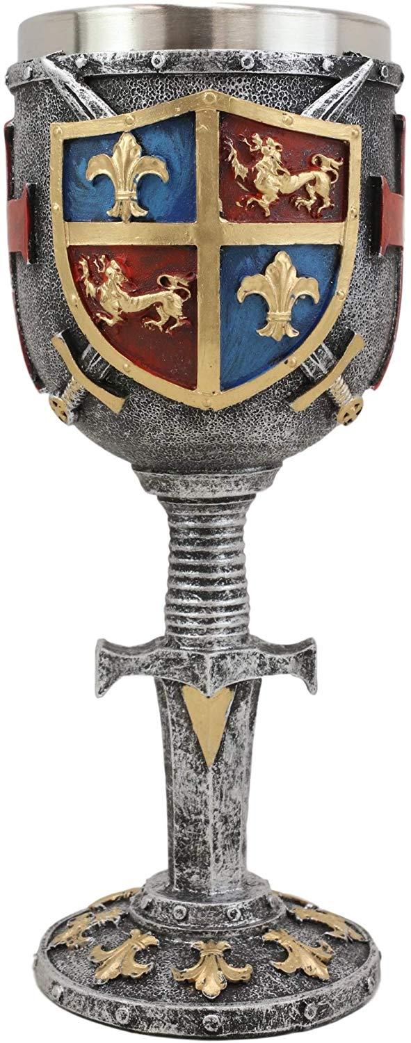 Ebros Gift Ebros Lion And Fleur De Lis Crusader Knight Wine Goblet Chalice Drinkware Decor