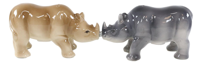 Ebros Gift Ebros Loggerheads Pachyderm African VS Asian Rhino Ceramic Salt Pepper Shaker Set