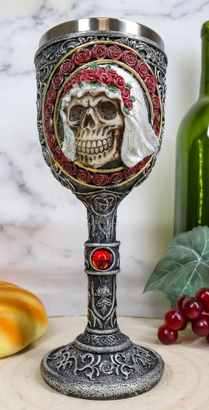 ebros gift Ebros Love Never Dies Bride Groom Skulls In Rose Wreath 2 Sided Wine Chalice