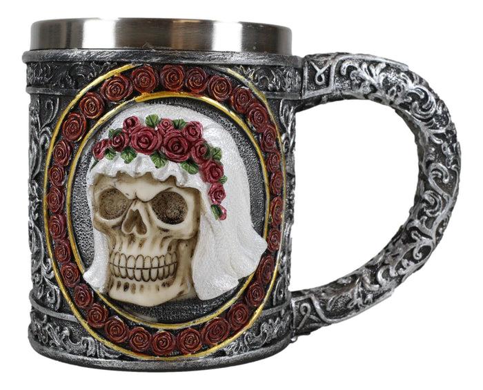 Ebros Gift Ebros Love Never Dies Bride & Groom Skulls W/ Rose Wreaths Scroll 2-Sided Mug