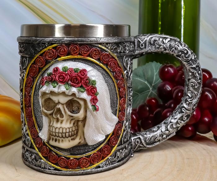 ebros gift Ebros Love Never Dies Bride & Groom Skulls W/ Rose Wreaths Scroll 2-Sided Mug