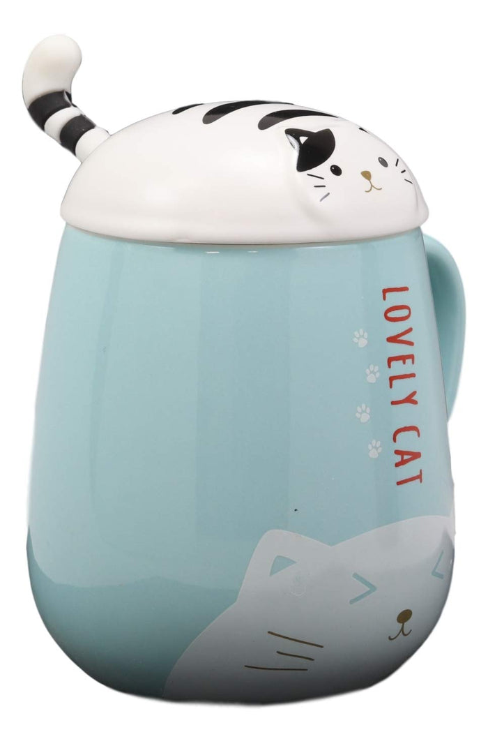 Ebros Gift Ebros Lovely Cat Paw Prints With Tuxedo Cat Lid Blue Ceramic Coffee Tea Mug Drink Cup With Striped Cat Tail Spoon 15oz Animal Pets Cats Kittens
