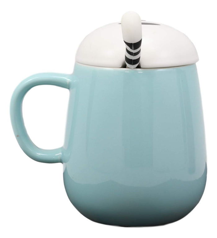Ebros Gift Ebros Lovely Cat Paw Prints With Tuxedo Cat Lid Blue Ceramic Coffee Tea Mug Drink Cup With Striped Cat Tail Spoon 15oz Animal Pets Cats Kittens
