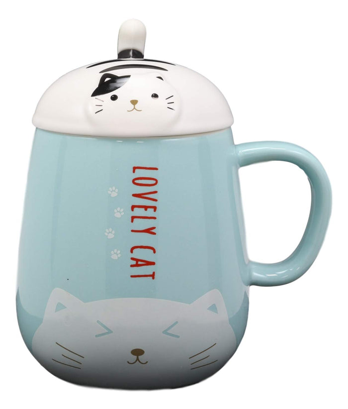 Ebros Gift Ebros Lovely Cat Paw Prints With Tuxedo Cat Lid Blue Ceramic Coffee Tea Mug Drink Cup With Striped Cat Tail Spoon 15oz Animal Pets Cats Kittens