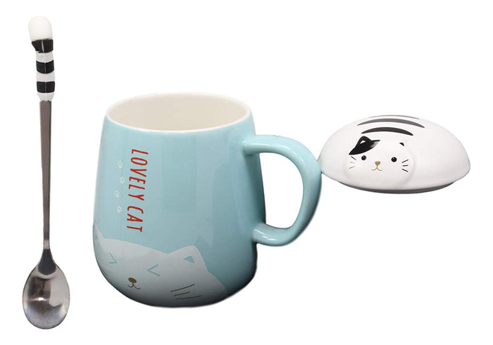 ebros gift Ebros Lovely Cat Paw Prints With Tuxedo Cat Lid Blue Ceramic Coffee Tea Mug Drink Cup With Striped Cat Tail Spoon 15oz Animal Pets Cats Kittens