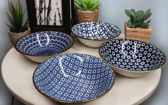 ebros gift Ebros Made In Japan 4 Piece Geometry Ceramic Dining Rice Meal Soup Bowls 5.5"Diameter