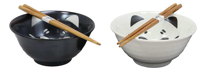 Ebros Gift Ebros Made In Japan Black And White Lucky Meow Cats Bowl Set Of 2 With Chopstick