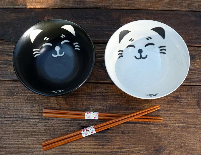ebros gift Ebros Made In Japan Black And White Lucky Meow Cats Bowl Set of 2 With Chopstick