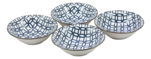 Ebros Gift Ebros Made In Japan Blue Geometric Circles Ceramic Bowls Set Of 4 Rice Meal Soup Dine