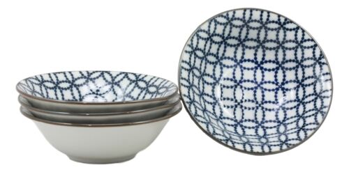ebros gift Ebros Made in Japan Blue Geometric Circles Ceramic Bowls Set of 4 Rice Meal Soup Dine