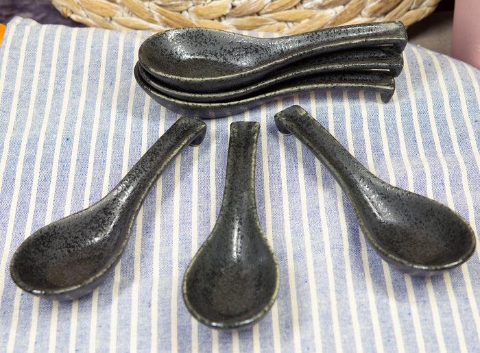 Ebros Gift Ebros Made In Japan Ceramic Speckled Black Soup Spoons With Ladle Hook Set Of 6