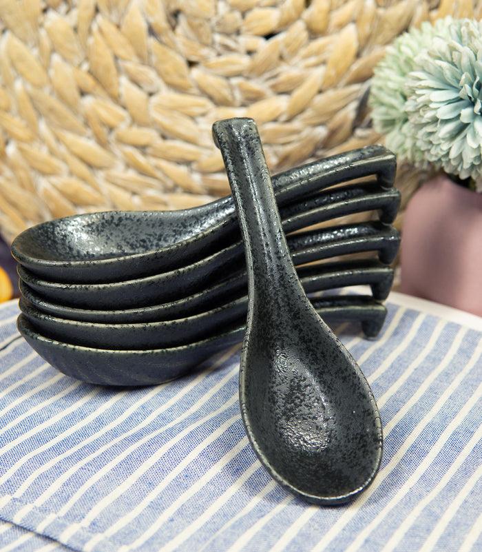ebros gift Ebros Made In Japan Ceramic Speckled Black Soup Spoons With Ladle Hook Set Of 6