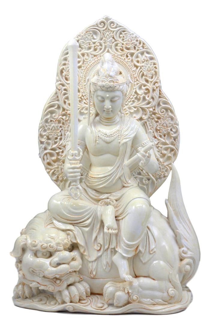 ebros gift Ebros Marble Finish Bodhisattva Manjushri Sitting On Lion Statue 11.25"H Eastern Enlightenment Guardian Of Knowledge & Sacred Doctrine Figurine