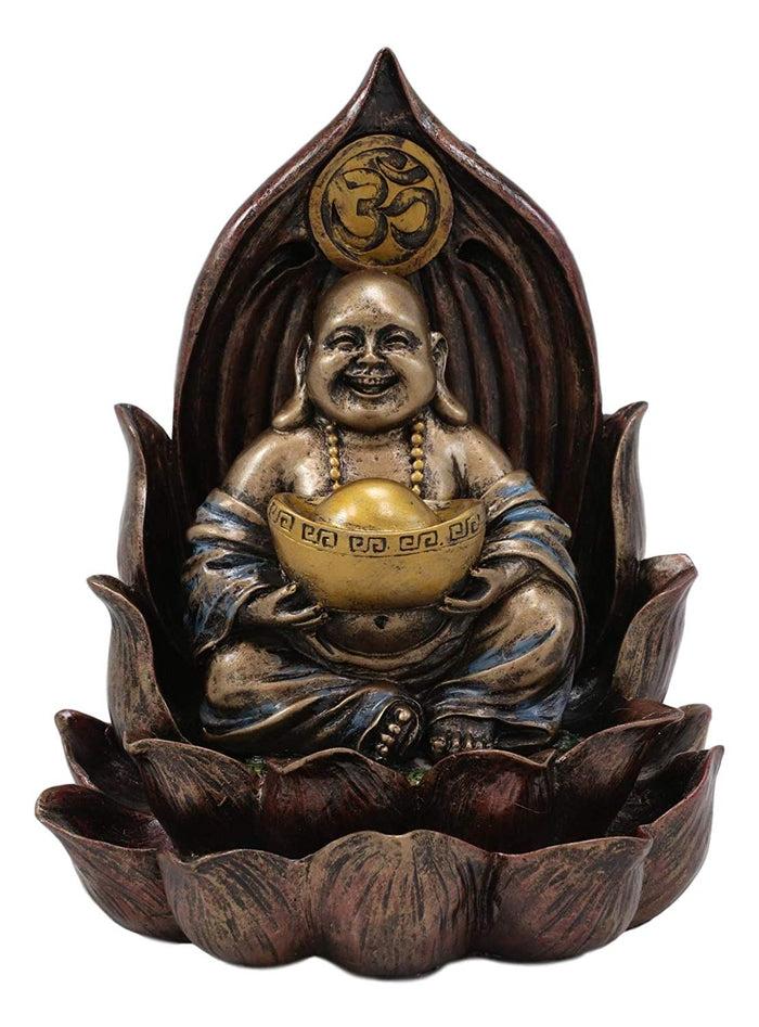 Ebros Gift Ebros Matreiya Happy Laughing Buddha Hotei Carrying Gold Ingot Seated On Ohm Lotus Padma Throne Backflow Cone Incense Burner Statue 6"Tall