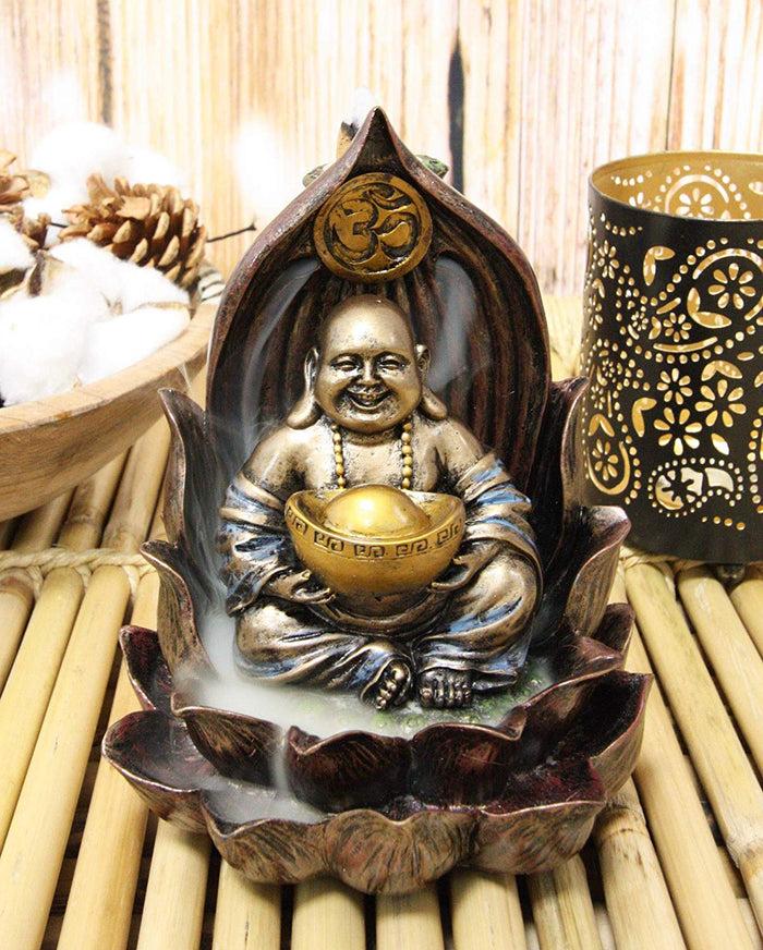 Ebros Gift Ebros Matreiya Happy Laughing Buddha Hotei Carrying Gold Ingot Seated On Ohm Lotus Padma Throne Backflow Cone Incense Burner Statue 6"Tall