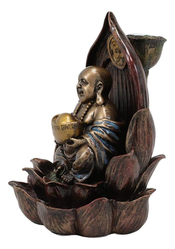 Ebros Gift Ebros Matreiya Happy Laughing Buddha Hotei Carrying Gold Ingot Seated On Ohm Lotus Padma Throne Backflow Cone Incense Burner Statue 6"Tall