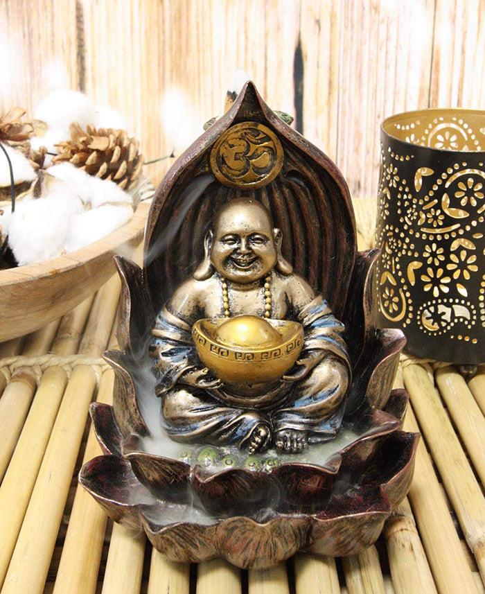 ebros gift Ebros Matreiya Happy Laughing Buddha Hotei Carrying Gold Ingot Seated On Ohm Lotus Padma Throne Backflow Cone Incense Burner Statue 6"Tall