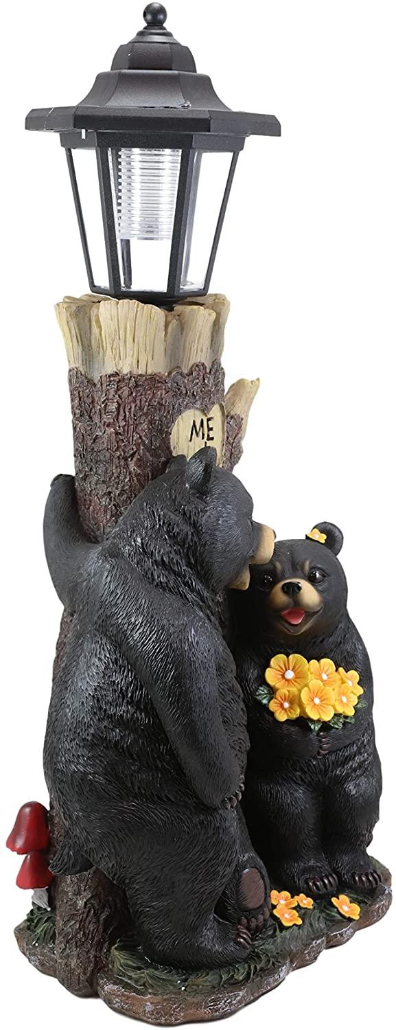 Ebros Gift Ebros Me + U Black Bear Couple Outpost Statue With Solar LED Light Lantern Decor