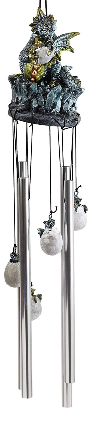 Ebros Gift Ebros Medieval Blue Dragon Egg Hatchling Standing On Crystal Rocks Wind Chime